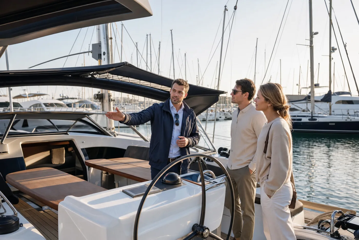 A broker and a couple aboard a sailing yacht in a marina